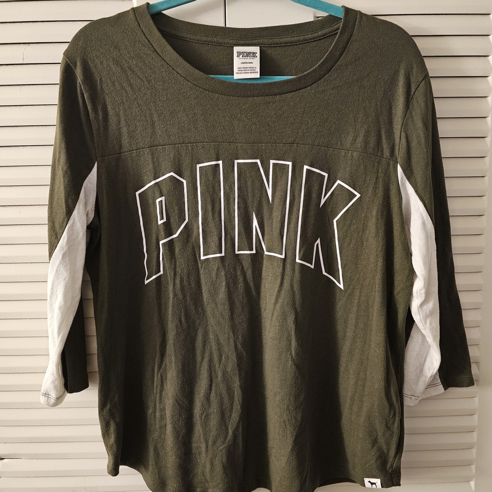 PINK Olive Green & White 3/4 Sleeve Logo Tee - Size Large